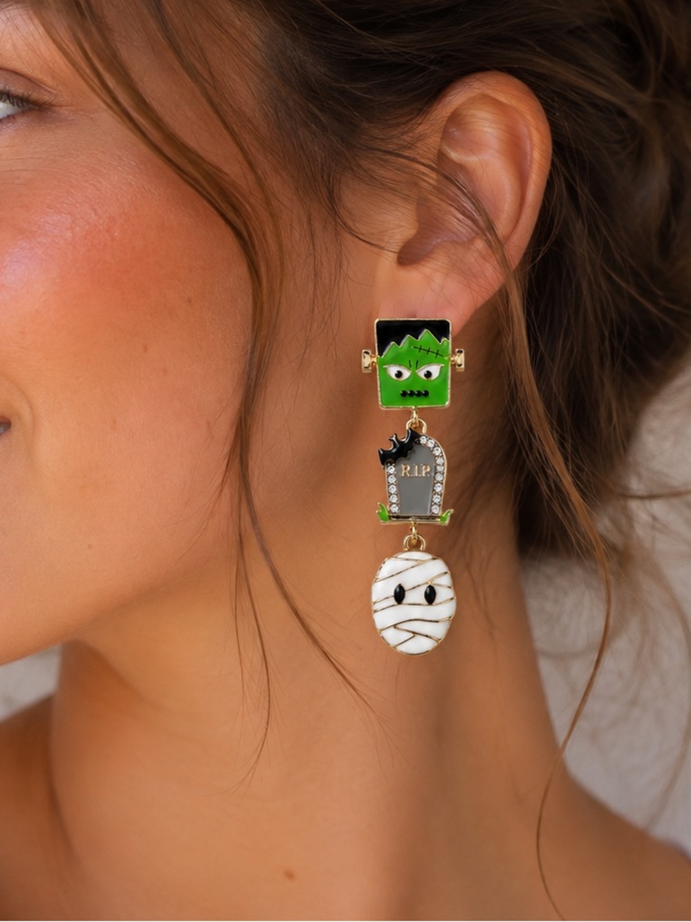 Green Frankenstein & Mummy Dangle Earrings - Halloween Jewelry
